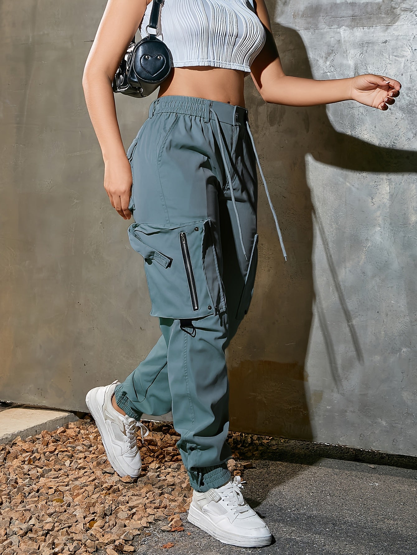 1pc Women'S Casual Cargo Pants, Polyester, Solid Color, All-Season Tapered Leg Workwear, 140g/m² Woven Fabric with 3D Pockets