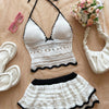 Chic Two-Piece Swimsuit Set - Black & White Crochet Design with Bow Detail, Perfect for Beach & Pool, Casual Beachwear|Playful Design|Stretchy Fabric