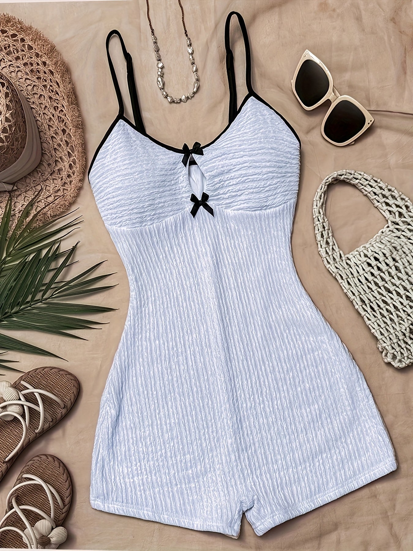 Women'S White Knit Textured Halter Jumpsuit with Bow Detail - Stylish Vacation Swimsuit, Perfect for Beach or Pool Parties, Polyester Blend, Party Attire|Vacation Style|Polyester Spandex Blend