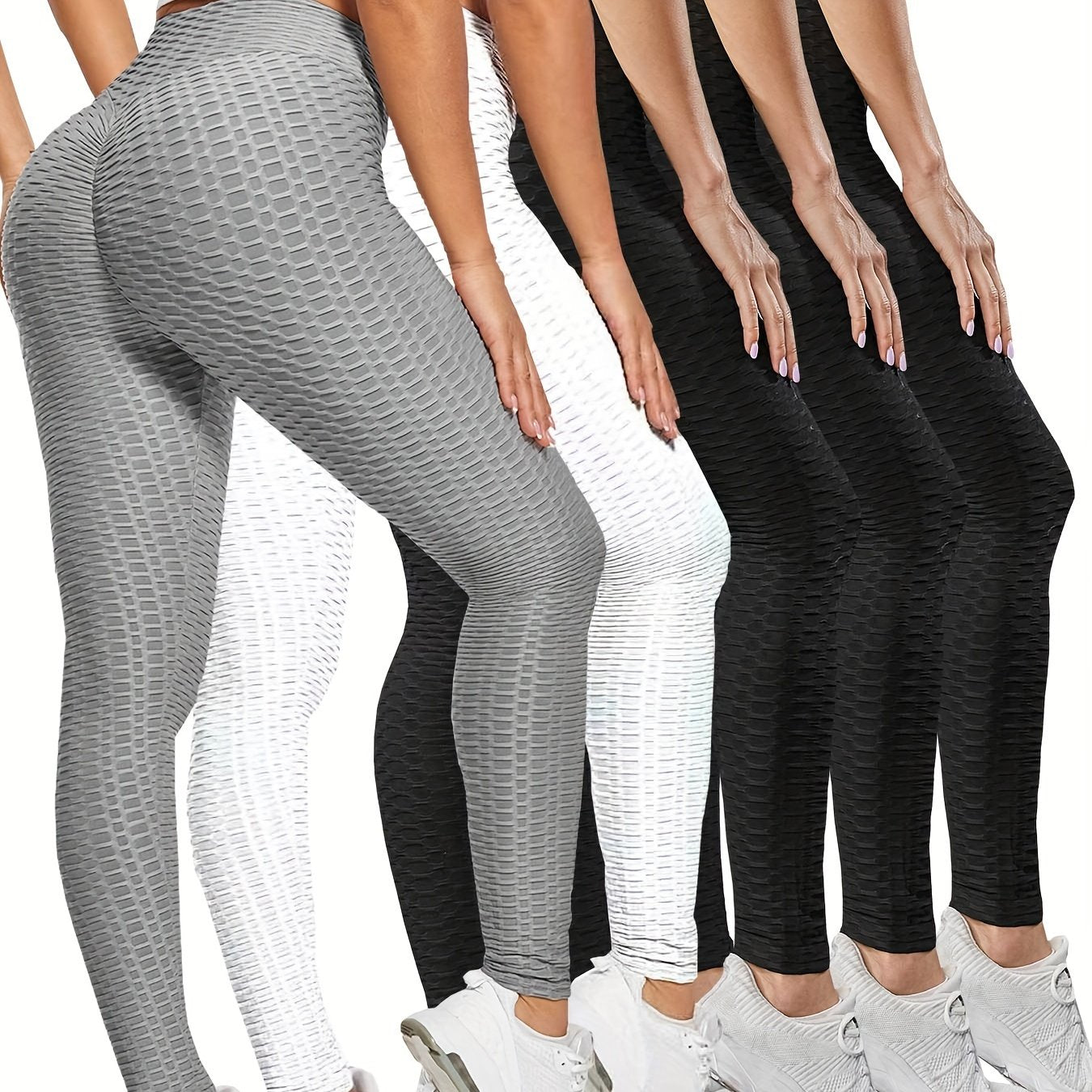 5pcs Honeycomb Sports Running Leggings, High Waist Fitness Yoga Tight Pants, Women's Activewear
