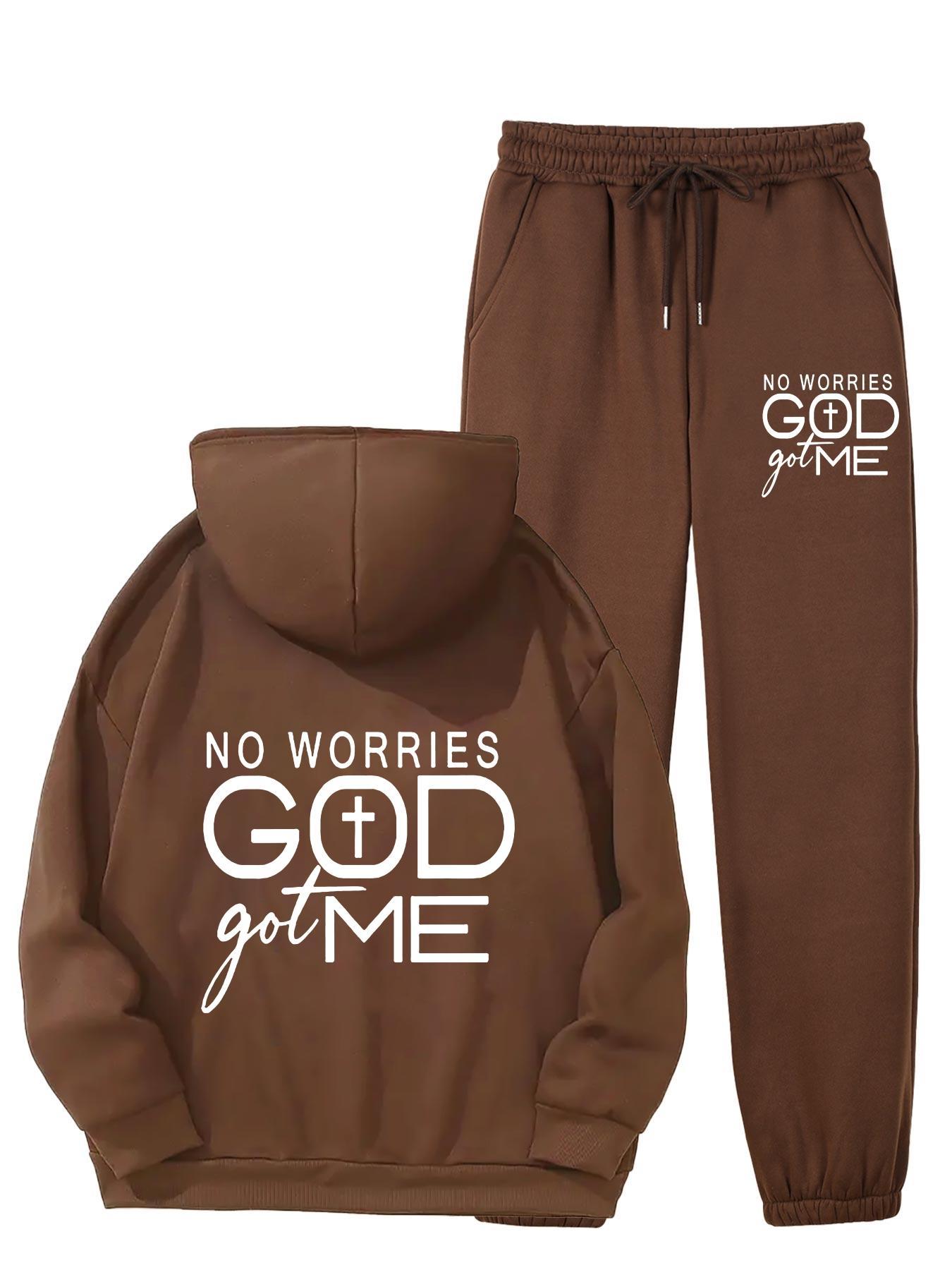 No Worries GOD Got Me Printed Women's Casual Sports Set, Sports Kangaroo Pocket Hoodie Set, Women's 2pcs Warm Set