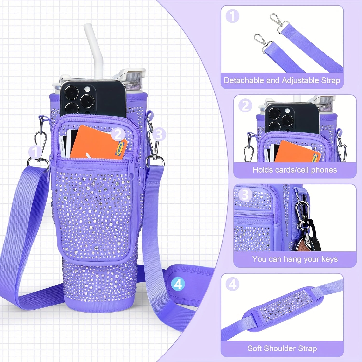 [Bling Neoprene Bottle Carrier] Multifunctional Neoprene Water Bottle Carrier - Insulated Sleeve Bag with Phone Holder, Card Slots, Detachable Strap for 40/30 Oz Tumblers - Bling Diamond Design, Key Hook