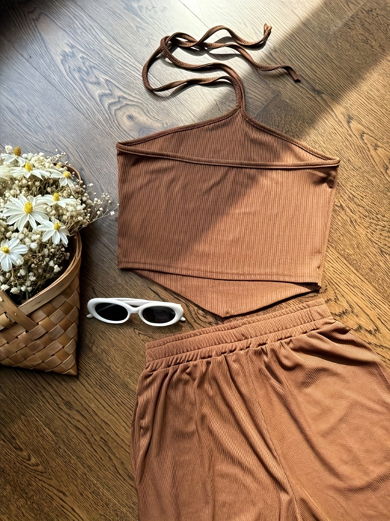 Summer Design Off-Shoulder Crop Top + Elastic Waist Flare Pants Set