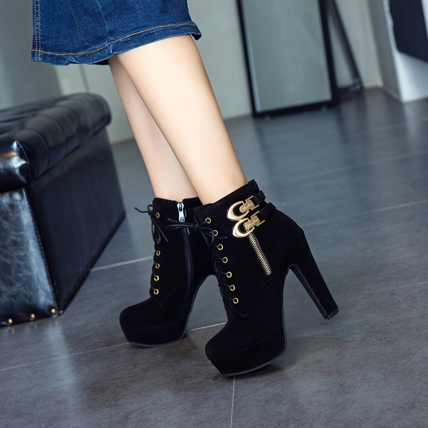 Women's Chunky Platform High Heel Ankle Boots with Lace-Up Front & Back, Golden-Tone Buttons, Zipper Closure, Round Toe - Machine Washable PU Cover Winter Casual Boots, Semiformal Footwear | Adjustable Buckle Heels, High Heel