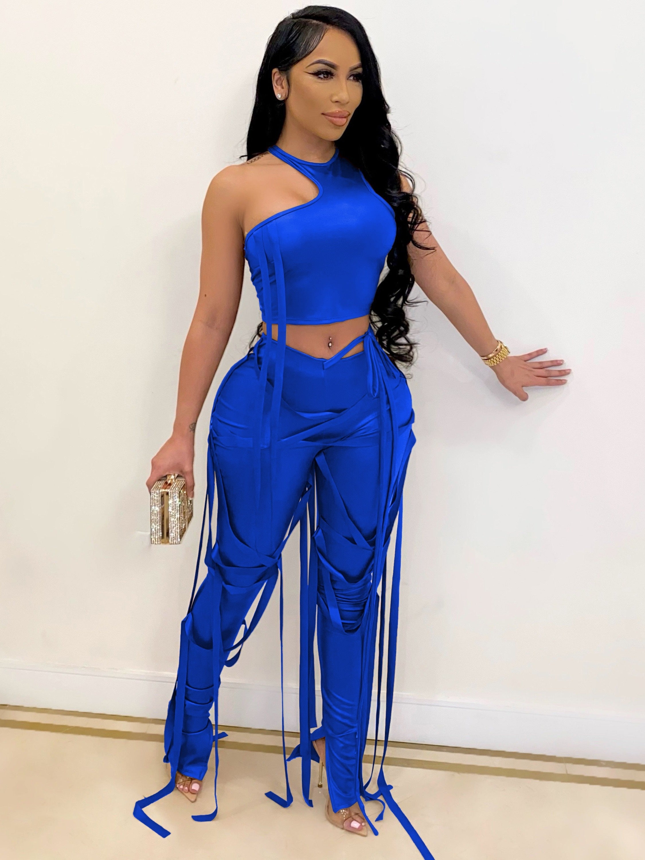 Chic Solid Two-piece Outfit Set - Trendy Asymmetrical Sleeveless Top & Slim-Fit Pants - Flattering Womens Wardrobe Essential