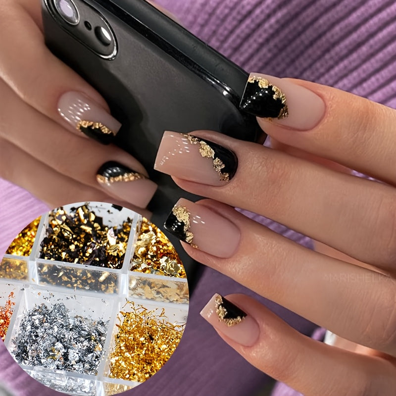 Golden & Silvery Nail Foil Glitter, Rectangular Metal Leaf Sequins, Unscented Nail Art Decor, DIY Exquisite Nail Art Foil Paper for Nail Decorations