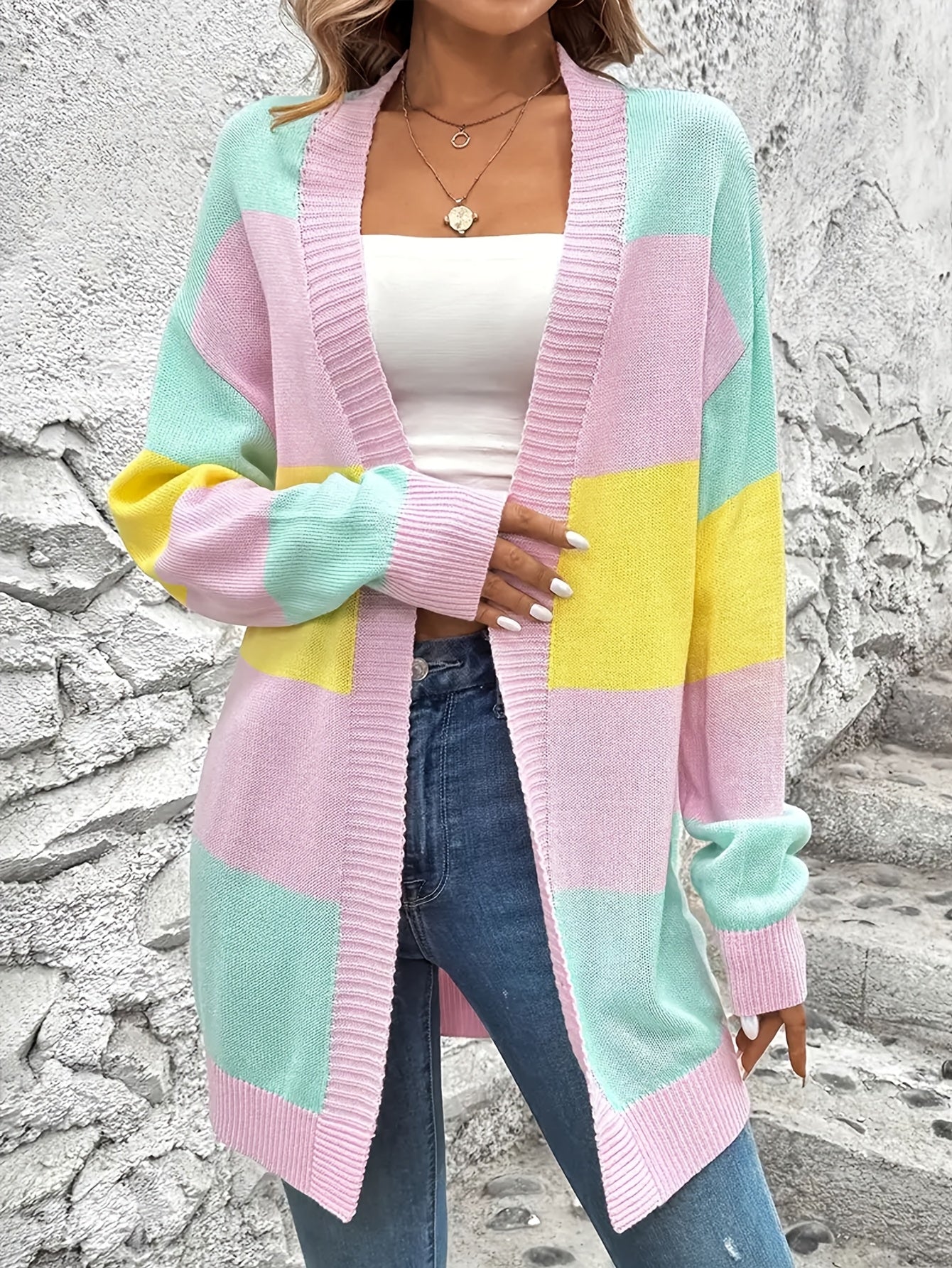 Women'S Casual Cardigan Sweater, Mid-Length, Comfortable Long Sleeves, Colorful Stripes, Perfect for Pairing with Jeans, Leggings, Trousers, Shorts, Boots, or Sneakers, Casual Fit, Striped Pattern, Ribbed Detailing