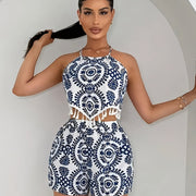 Elegant Blue and White Floral Print Halter Neck Mini Dress with High-Waisted Shorts Set - Sleeveless, Tassel Detail, Perfect for Spring/Summer, Floral Print Dres