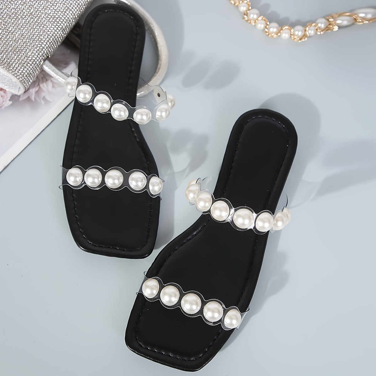Women's Solid Color Elegant Slides, PVC Slip On Lightweight Flat Faux Pearl Decor Slides, Summer Holiday Beach Slides