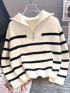 Long Sleeve Black & White Striped Polyester Knit Hooded Sweater - Women's Casual Zip-Up Pullover with Ribbed Detail, Perfect for All Seasons