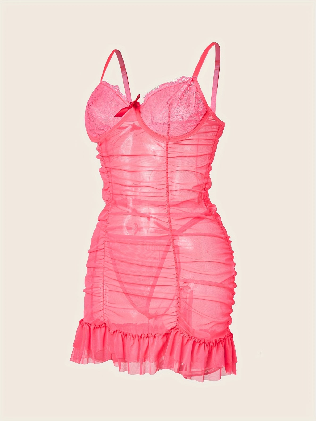 Enticing Lace Mesh Babydoll, See Through Ruffle Trim Ruched Bodycon Mini Dress, Women's Sexy Sleepwear & Loungewear