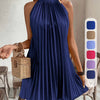 Women's Elegant Halter Neck A-Line Dress with Pleated Detail - Machine Washable Solid Color All-Season Casual to Formal Wear, Versatile Fashion, Smooth Texture Fabric