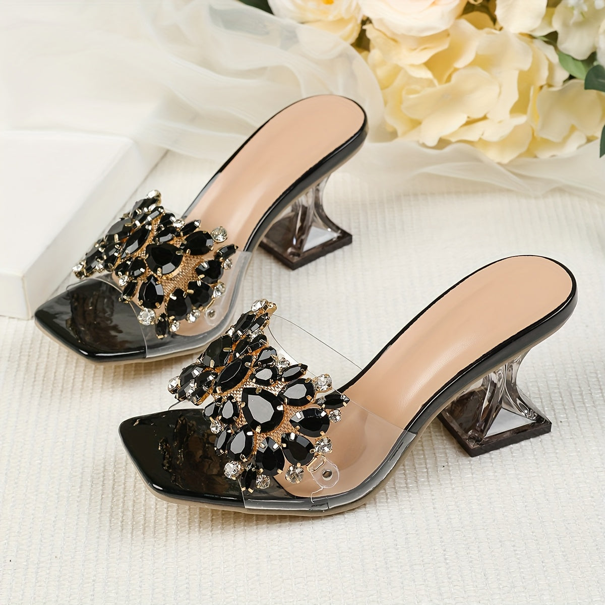 Women's Rhinestone Embellished Pyramid Heel Sandals - Stylish Pink Transparent Strap with Sparkling Floral Design, Perfect for Weddings & Formal Events