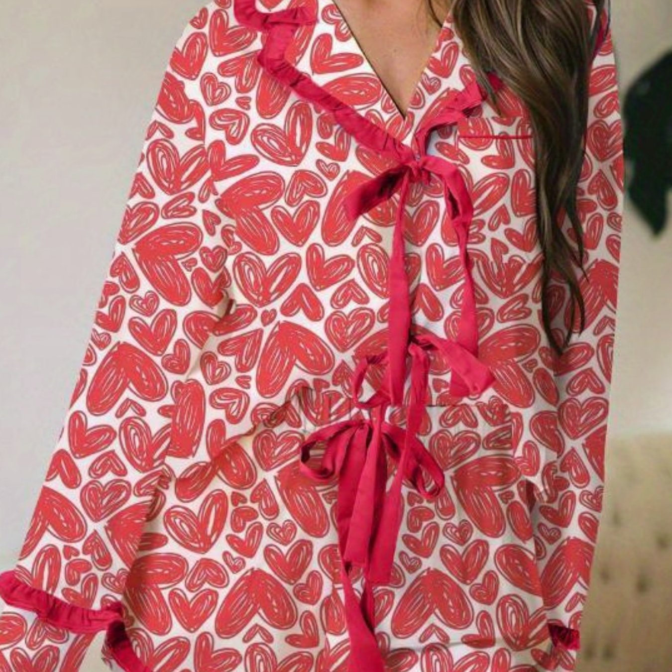 Women Aesthetic Pajamas 2pcs Long Sleeve Bow Lace Up Shirt and Shorts Spring Summer Loungewear Cute Heart Print Sleepwear