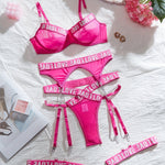 Sultry Letter Tape Chain-link Mesh Lingerie Set - Plunge Bra, Thong, and Garter Belt - Women's Sexy Underwear for Confidence Boost