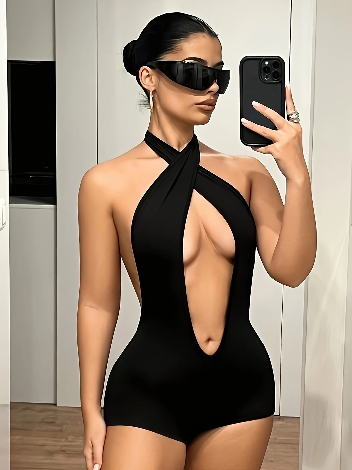 Sexy Black Halter Neck Backless Romper with Deep V Cut-Out Design - Women’s Stretchy One-Piece Swimsuit for Beach & Party Wear, Bathing Suit