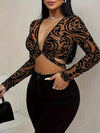 Allover Print Plunging Crop T-Shirt, Sexy Long Sleeve T-Shirt For Spring & Fall, Women's Clothing