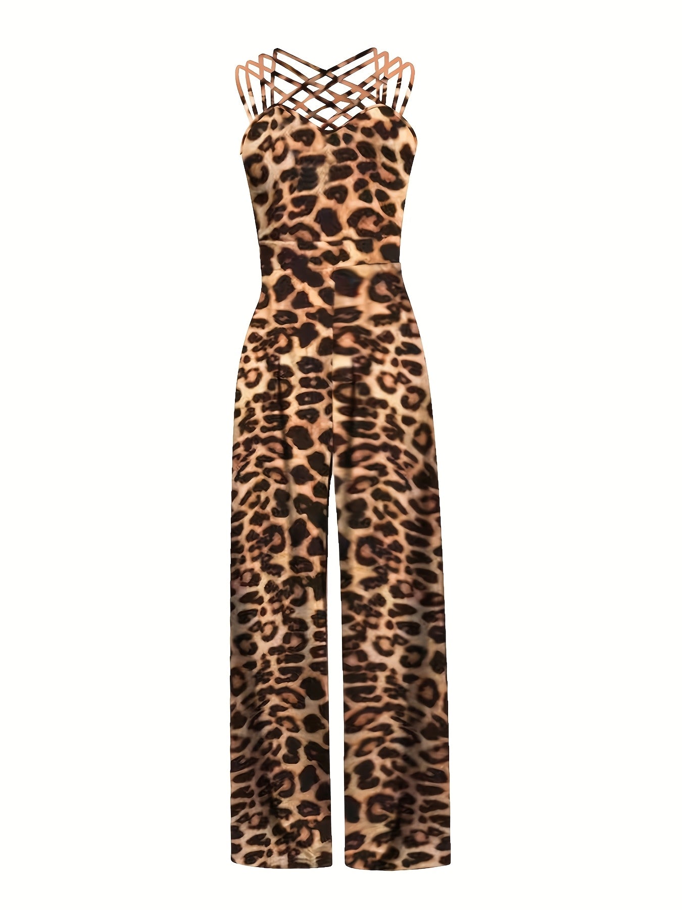 Women's Leopard Print Sleeveless Jumpsuit - Casual Knit Polyester, Wide-Leg Design, Machine Washable, All-Season Fashion for Adults, Allseason Outfit | Leopard Print Attire | Polyester Knit