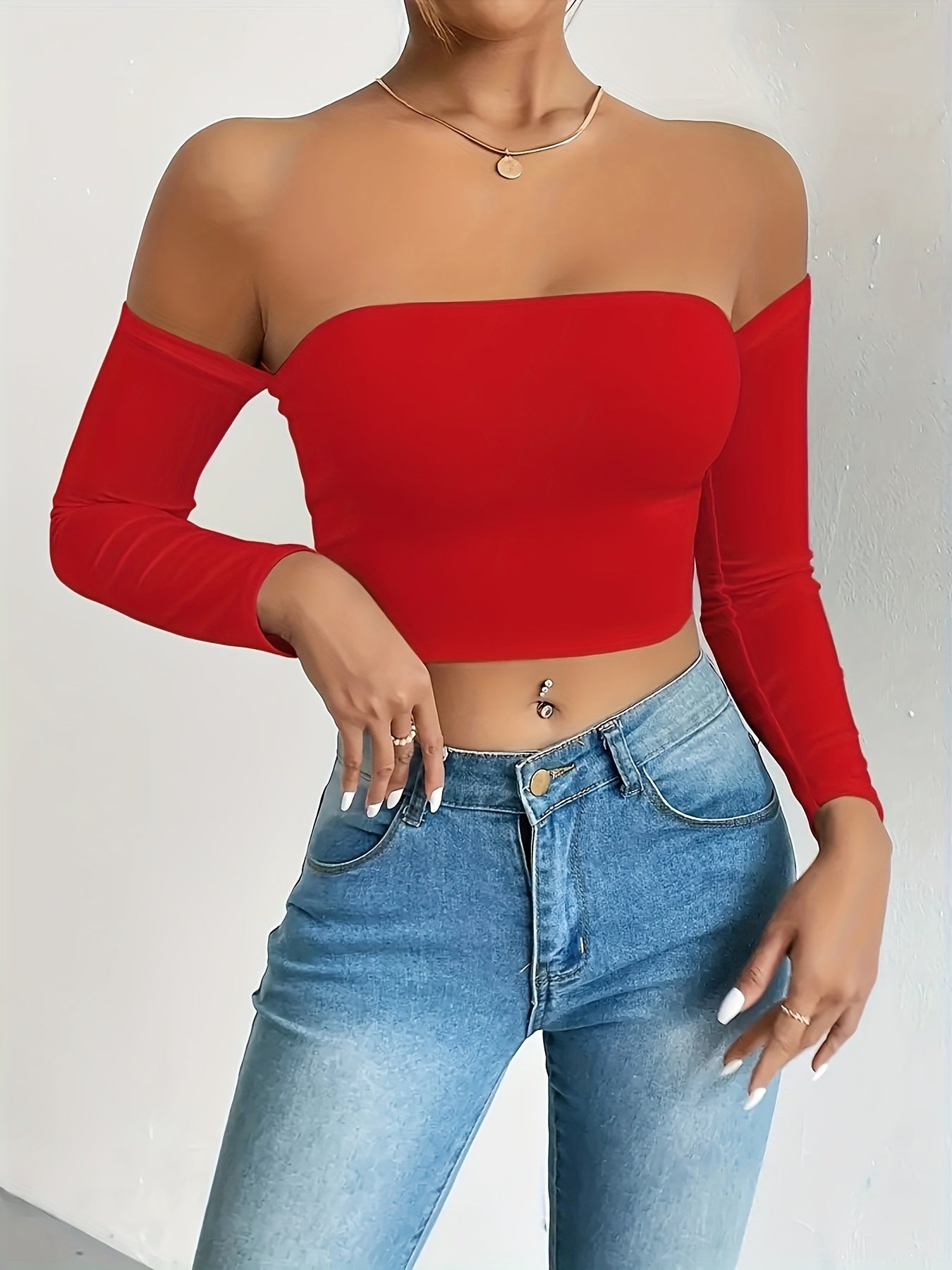 Off Shoulder Crop T-Shirt, Sexy Long Sleeve Slim Top For Spring & Fall, Women's Clothing
