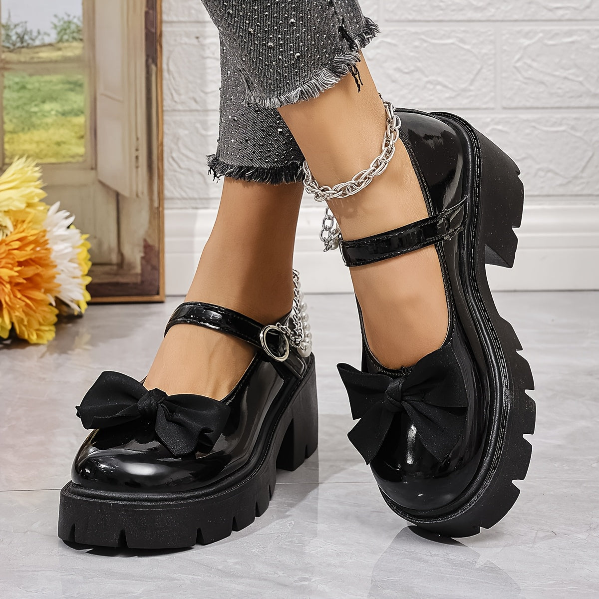 Women’s Pearl-Embellished Patent Penny Loafers – Chunky Round Toe Slip-On Shoes with Glitter Detail & PVC Sole, Mesh Lined, All-Season Fashion Footwear