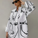Women'S Elegant Long Sleeve Button-Up Shirt with Abstract Face Print, Lapel Collar, and Chest Pocket - Stylish All-Season Fashion Top for Spring and Autumn, Allseason Blouse|Modern Casual Style|Buttonup Design
