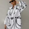 Women'S Elegant Long Sleeve Button-Up Shirt with Abstract Face Print, Lapel Collar, and Chest Pocket - Stylish All-Season Fashion Top for Spring and Autumn, Allseason Blouse|Modern Casual Style|Buttonup Design