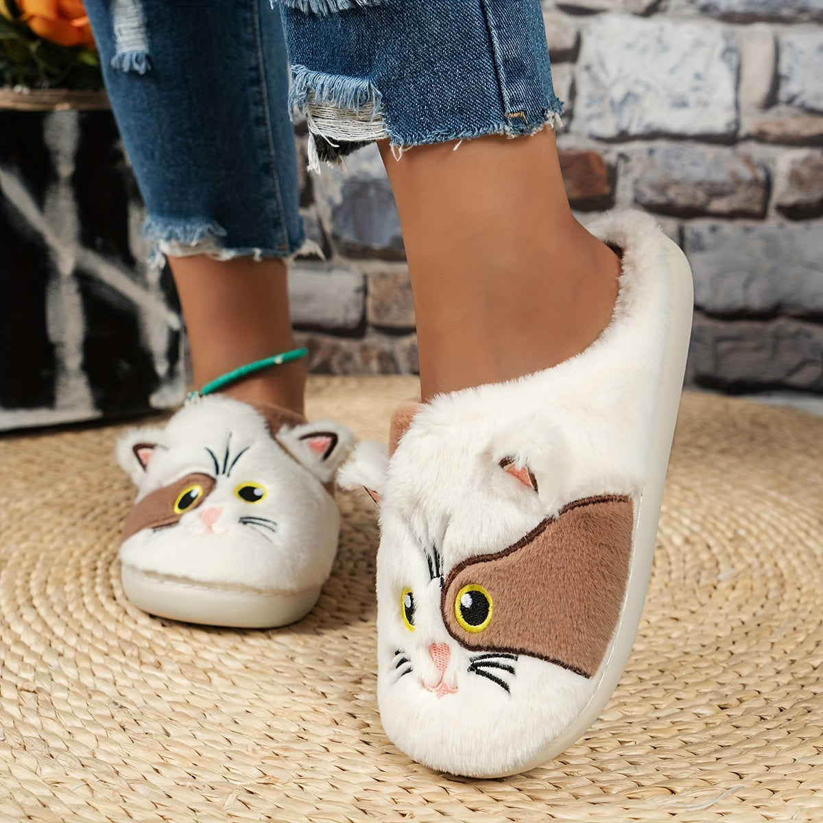 Cute Cartoon Cat Design Slippers, Casual Slip On Plush Lined Shoes, Comfortable Indoor Home Slippers