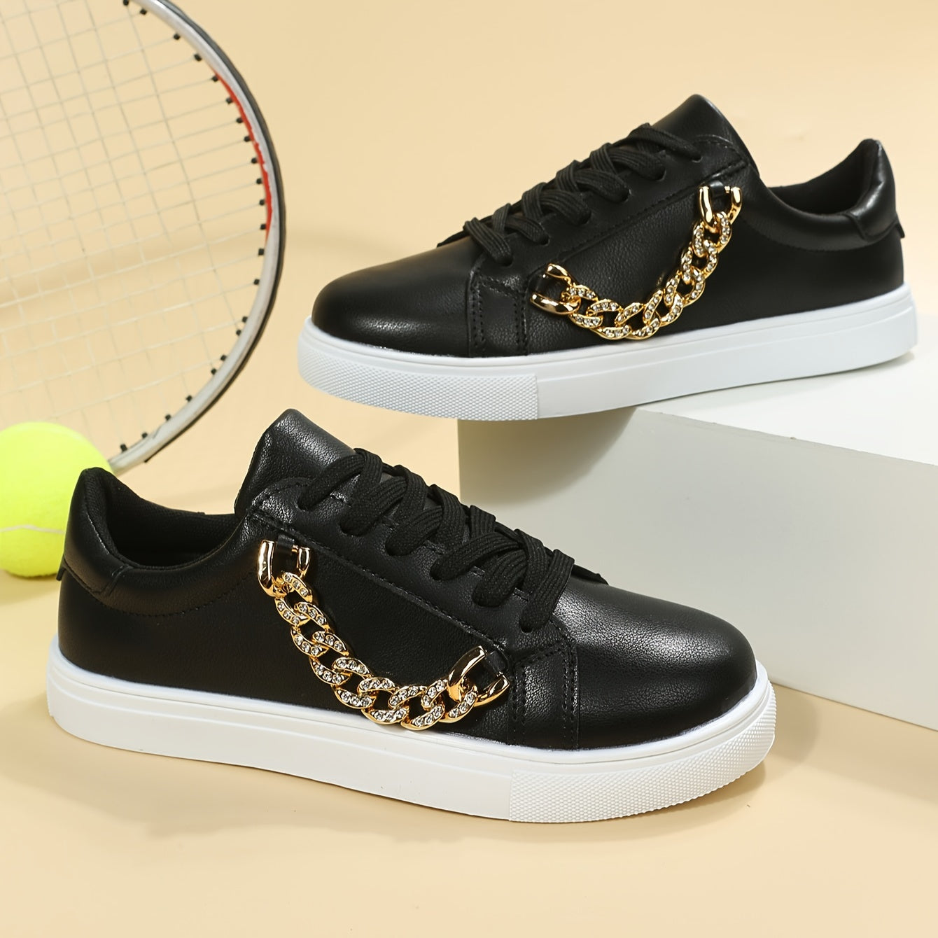 Women's Stylish White Low-Top Sneakers with Golden Chain Detail - Casual Lace-Up Shoes, Upper, Mesh Lining, TPR Sole, Versatile for All Seasons