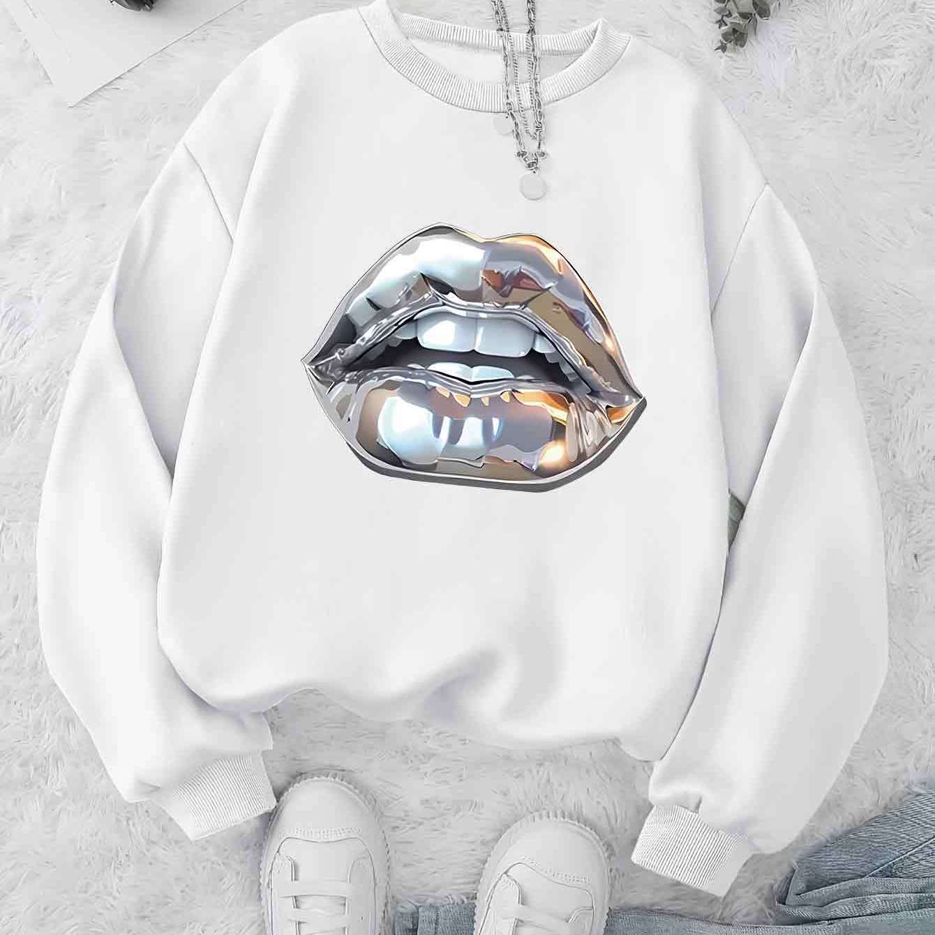 Women's Casual Crew Neck Sweatshirt with Geometric Lips Print, Long Sleeve Pullover, Knit Fabric, Regular Fit - 50%, Polyester 50% Blend, Machine Washable for Fall & Winter