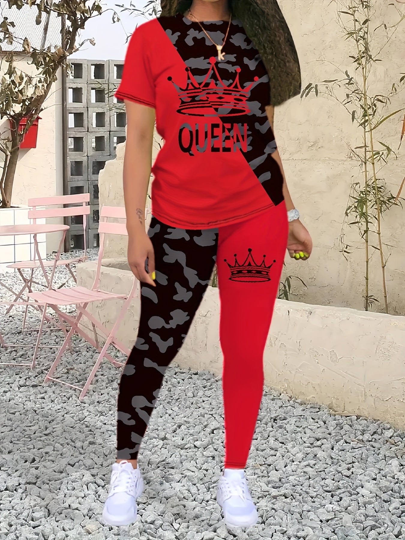 Color Matching Queen Positioning Print Spring and Summer New Casual Two-piece Set for Women