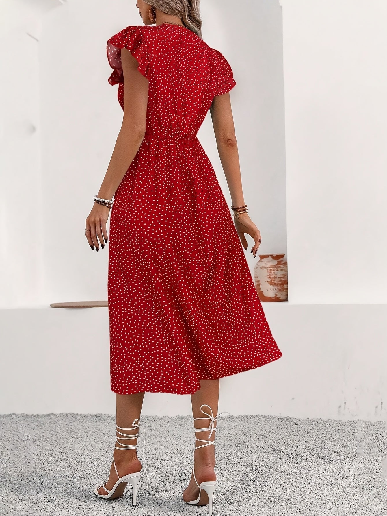 [Red Polka Dot Midi Dress] Red V-Neck Elegant Polka Dot Midi Dress for Women | with Ruffle Split Hem, Button Front Detail - Perfect for Summer Holidays