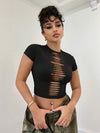 Solid Color Cut Out Crop Top, Casual Short Sleeve Slim Crop T-shirt For Spring & Summer, Women's Clothing