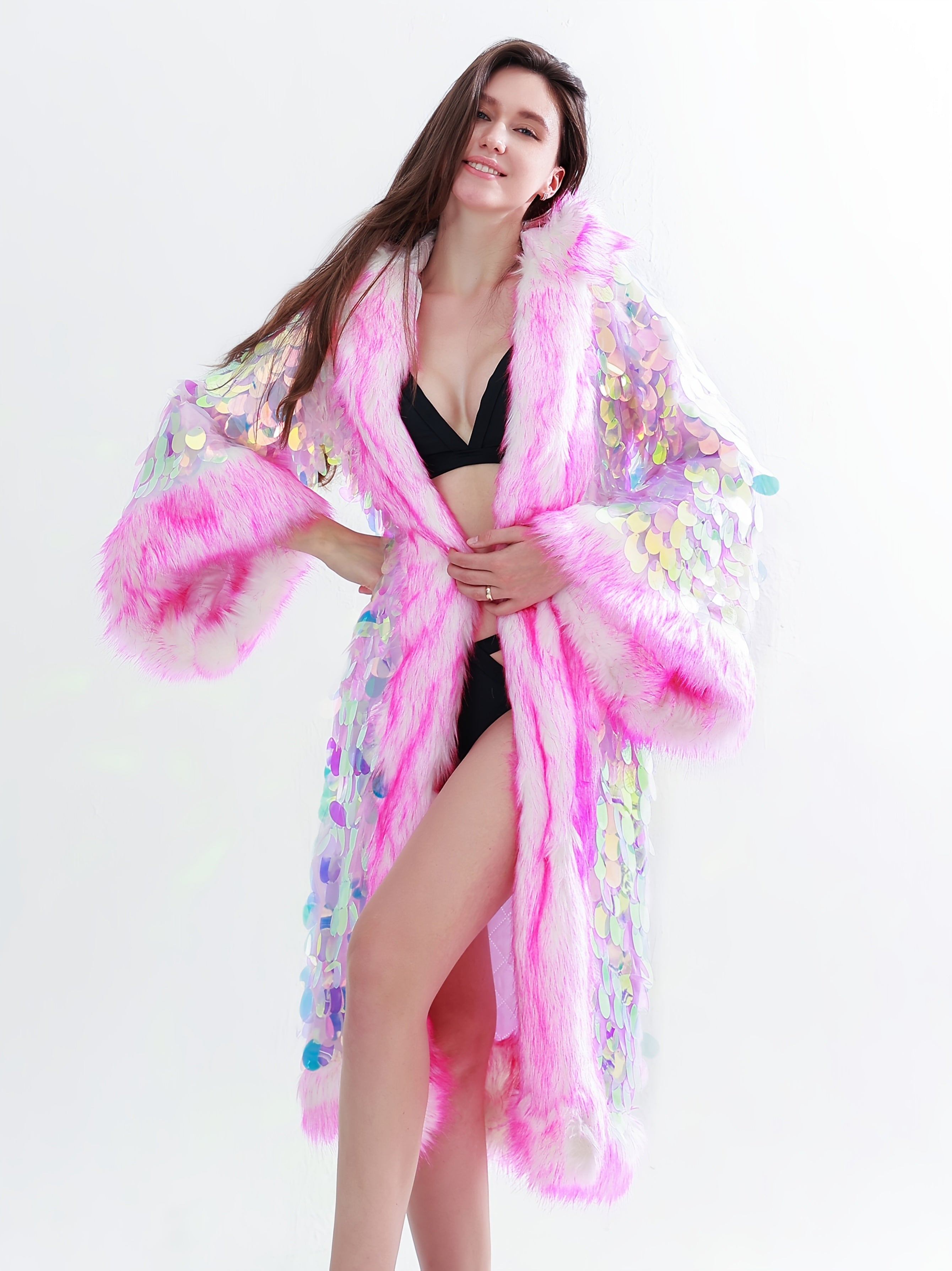 Women's LED Sequin Faux Fur Coat - Long Hooded Festival & Cosplay Outfit, USB-Powered, Flare Sleeves, Mermaid Tail Design, Vibrant Pink to Blue Gradient (Batteries Not Included), Cosplay Costume | Sequin Embellished | LED Lit
