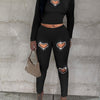 Stretchy Polyester Blend Chic Rhinestone Heart Crop Top & High-Waist Pants Set - Long Sleeve, Perfect for Fall/Winter