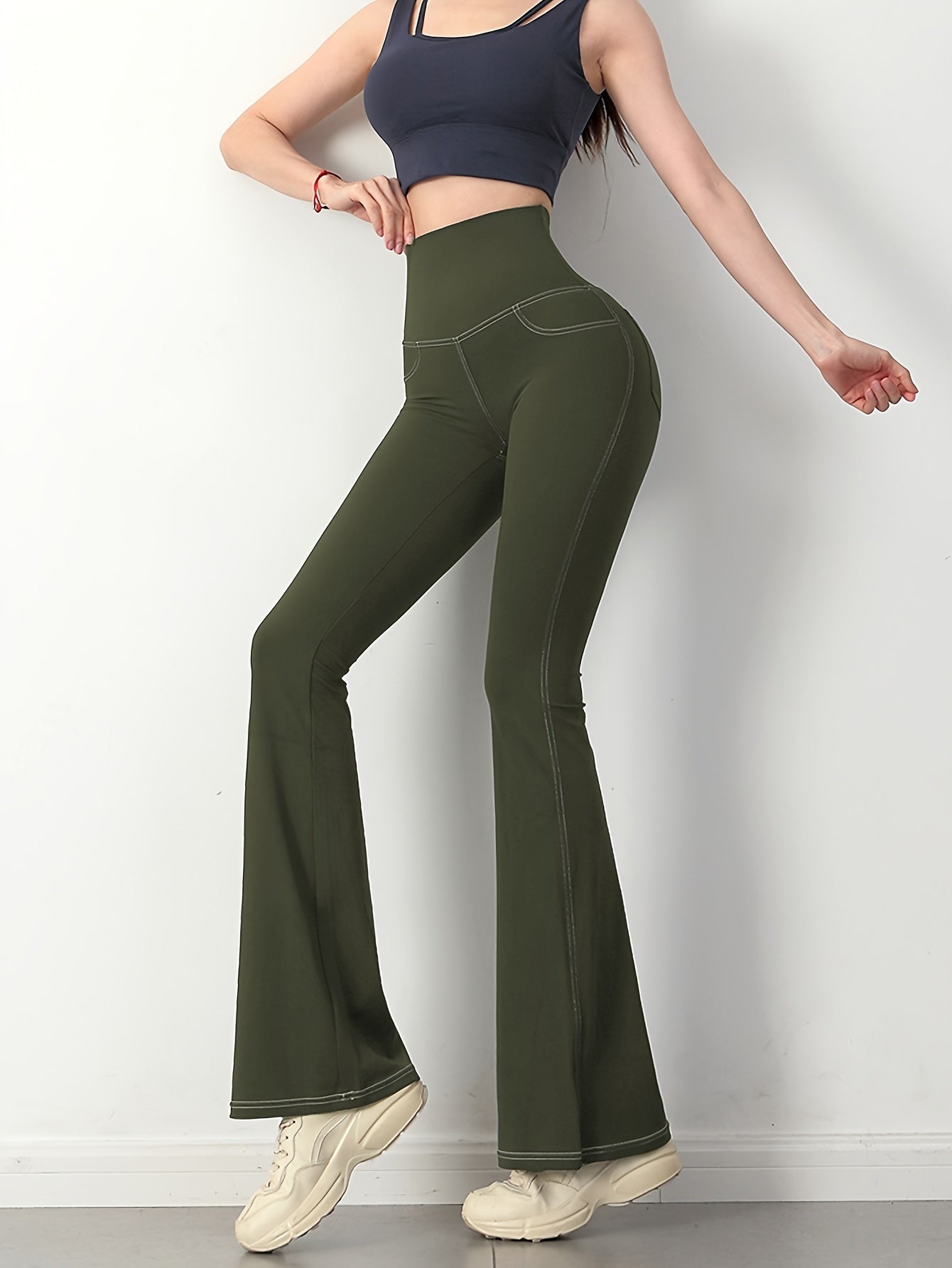 Solid Color Imitation Denim Yoga Pants With Pockets, Sports Fitness Yoga Running Flared Leggings, Women's Clothing Wide Waistband