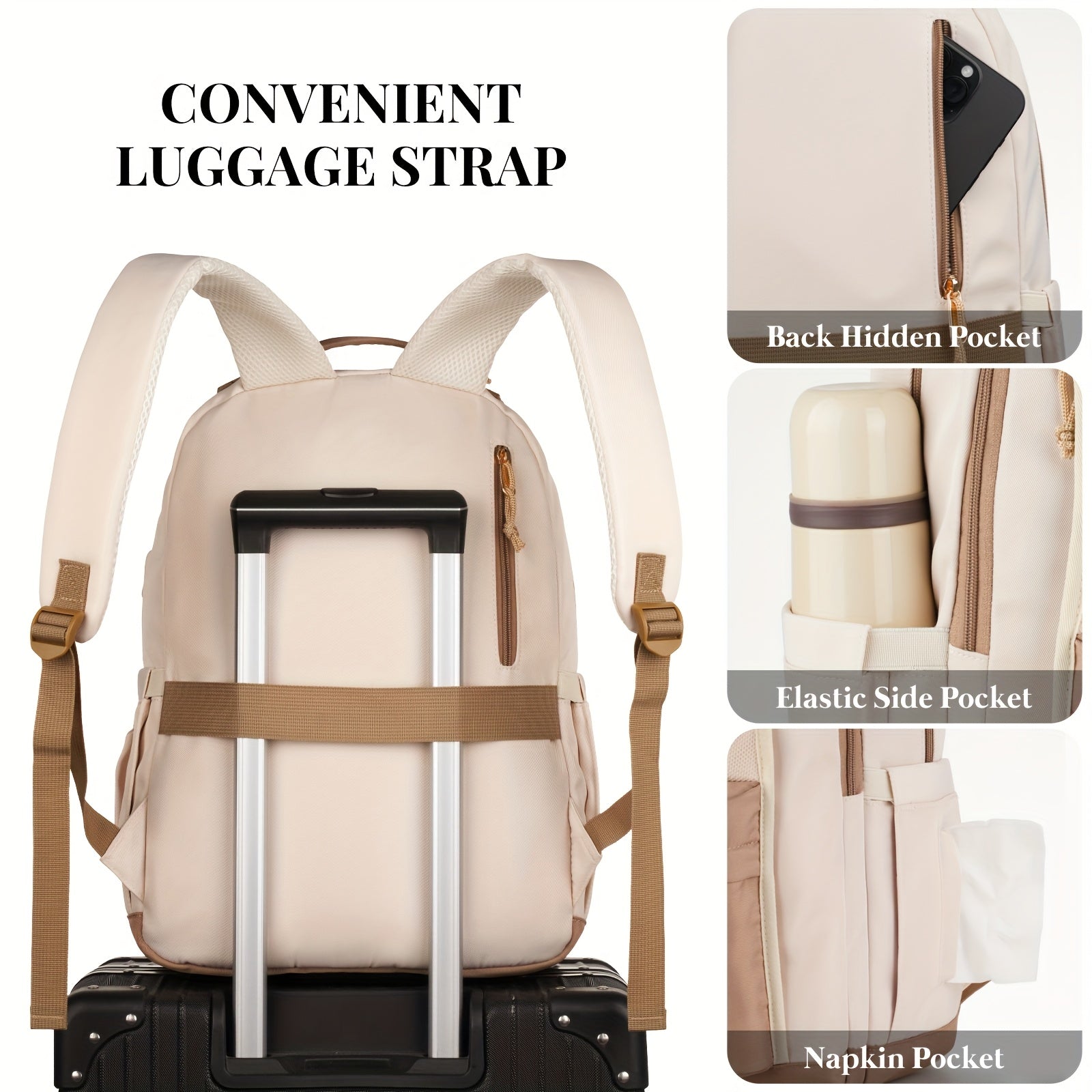 Stylish Large Capacity School Backpack for Teens Girls & Women Students - 15.6 Inch Laptop Bag with USB Charging Port, Durable Polyester College Bookbag, Khaki/Beige Travel Backpack for Work & Daily Commute, Backpack for Scho