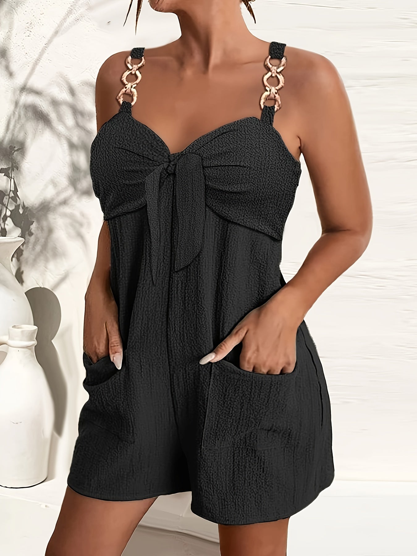 Vibrant Solid Color Polyester Elegant Vest Romper Jumpsuit - Sleeveless Collarless Chain Strap Design, Dual Pockets, No Elasticity, Woven, Perfect for Summer - Womens Casual Clothing