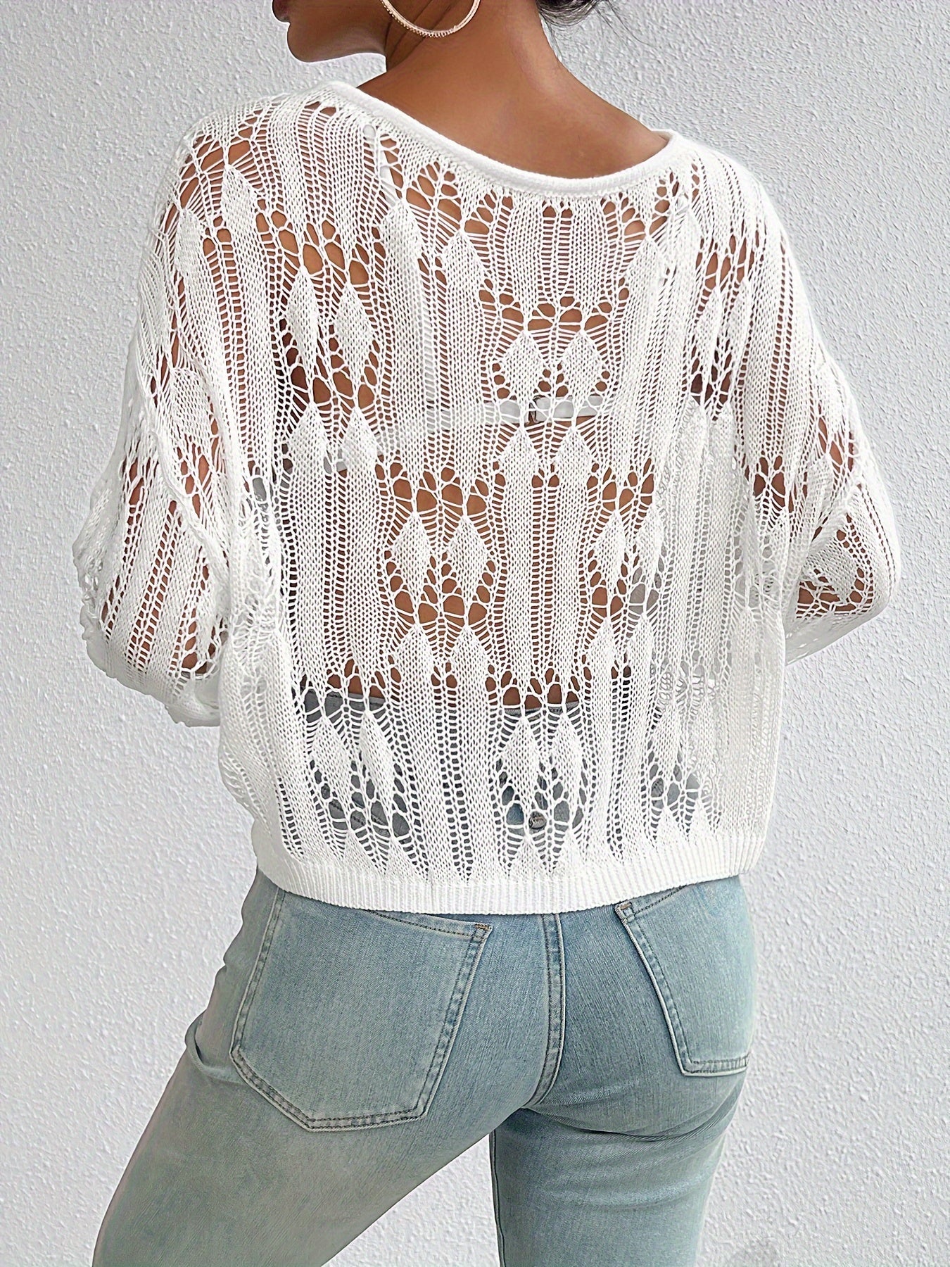 Versatile Women's Crew Neck Long Sleeve Loose Knit Sweater, Solid Hollow Out Top for Everyday Wear