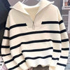 Women's Zip-Up Striped Knit Hoodie – Long Sleeve Black & White Pullover with Ribbed Trim, Casual Polyester Sweater for All Seasons