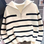 Women's Zip-Up Striped Knit Hoodie – Long Sleeve Black & White Pullover with Ribbed Trim, Casual Polyester Sweater for All Seasons