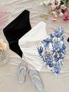 3pcs Casual Women's Shirt Set with Off-Shoulder Design, Asymmetrical Pleats and Ruffles Featuring Ocean Animals and Blue Print