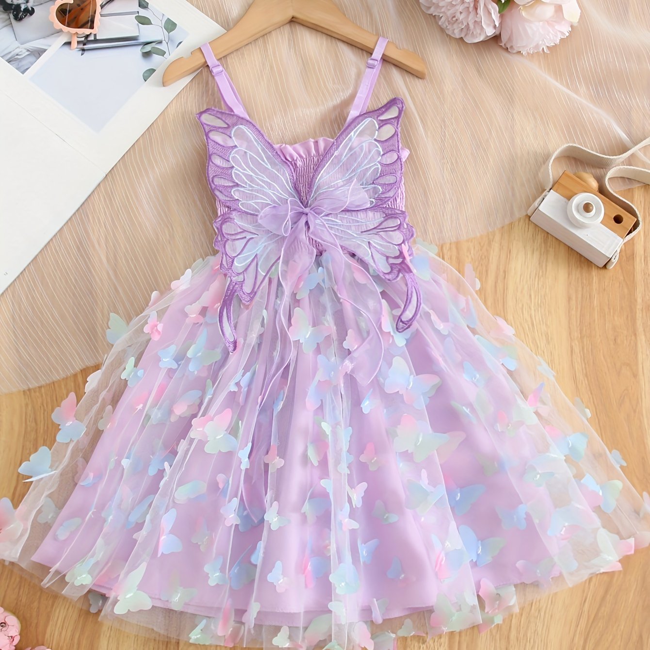 Enchanting Rainbow Butterfly Princess Dress for Girls - Elegant Sleeveless Mesh Tutu with Bow Detail, Perfect for Parties & Birthdays