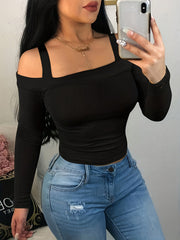 Women's Casual Fashion Long Sleeve T-Shirt with Ribbed Strap Detail, Polyester Knit Fabric, Square Neckline, Solid Color, Regular Length - Perfect for Fall/Winter Vacation Style