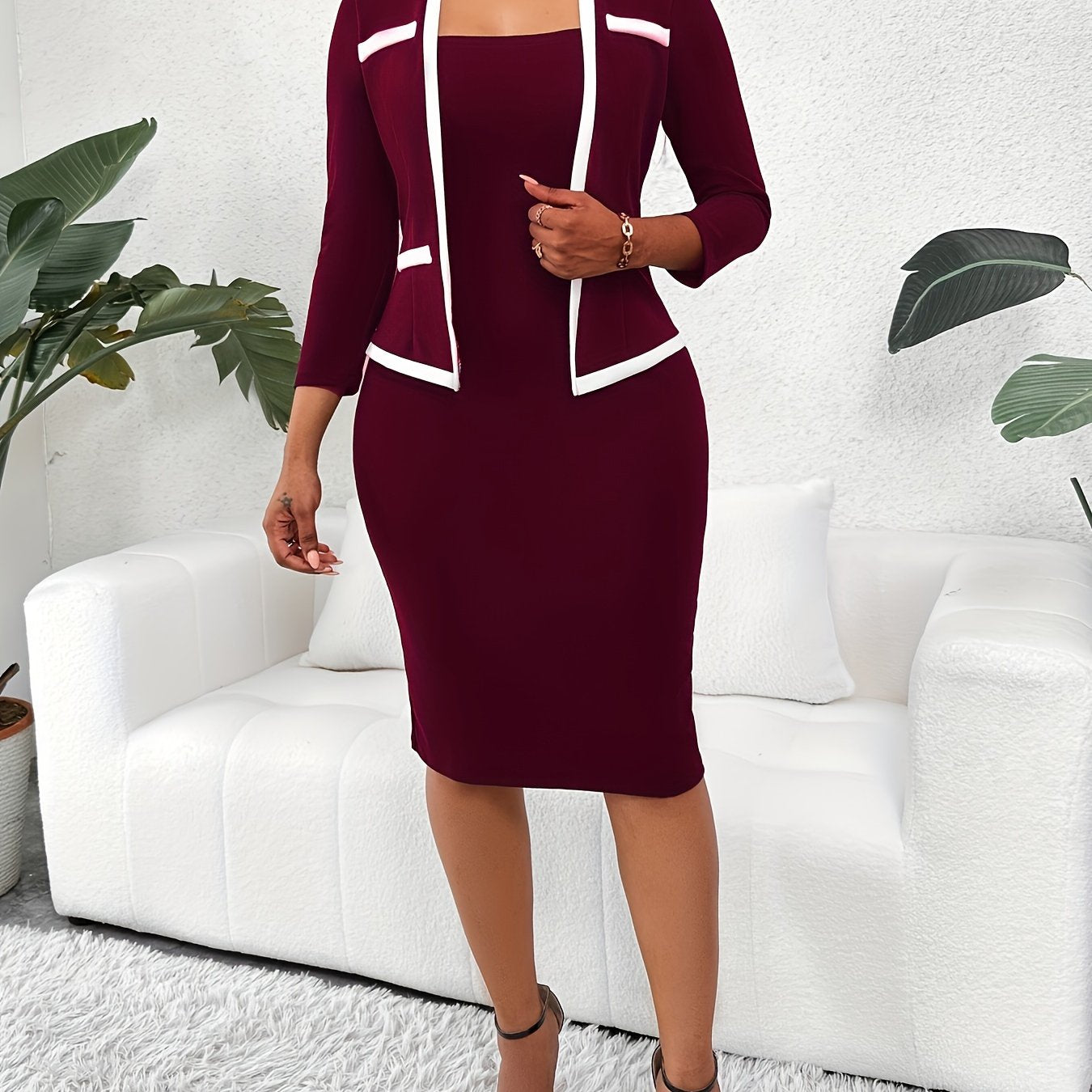 2 In 1 Contrast Trim Dress, Elegant Bodycon Long Sleeve Dress For Office & Work, Women's Clothing