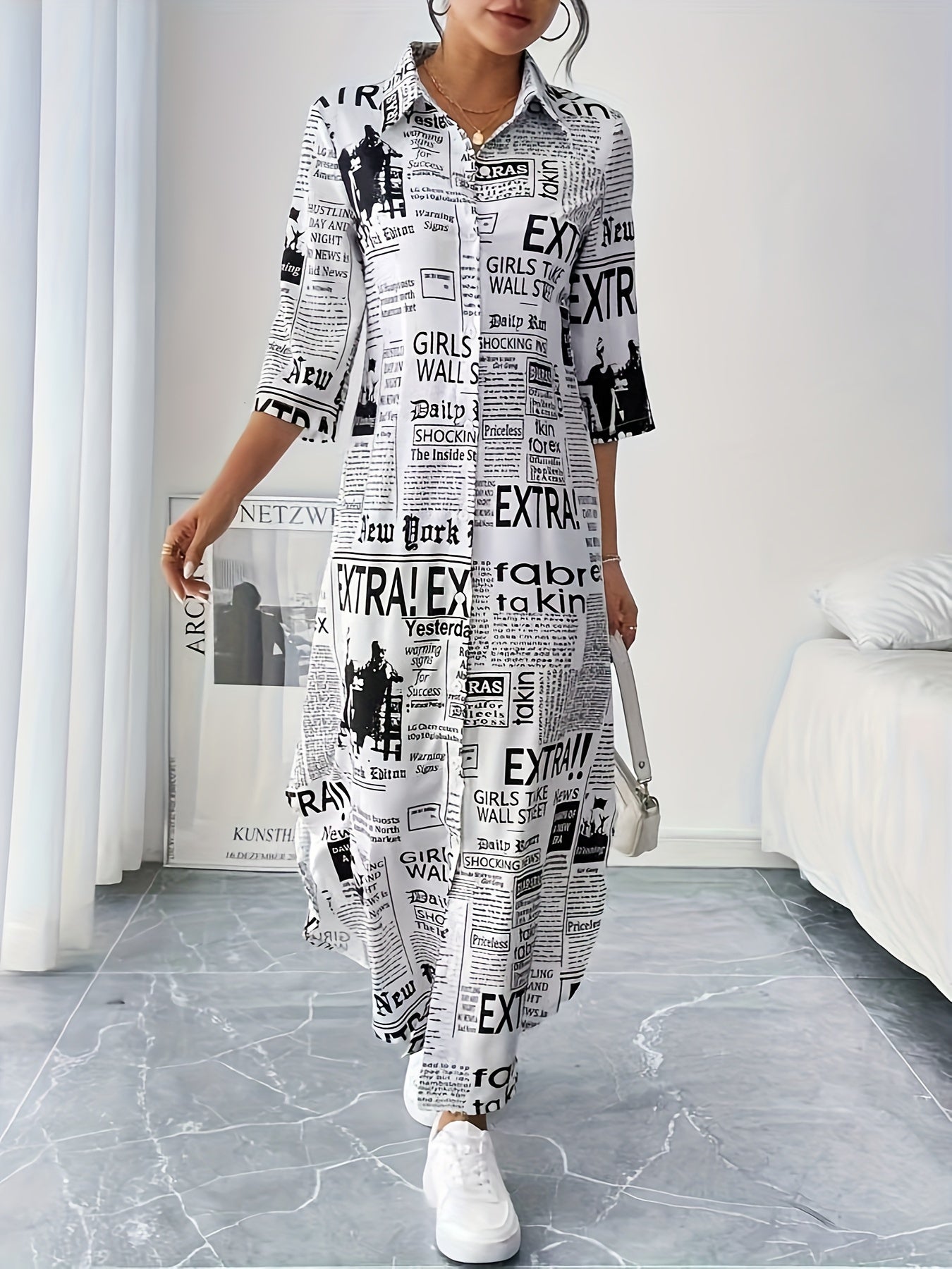 Women'S Elegant Newspaper Printed Shirt Dress with Three Quarter Sleeves and Button Details