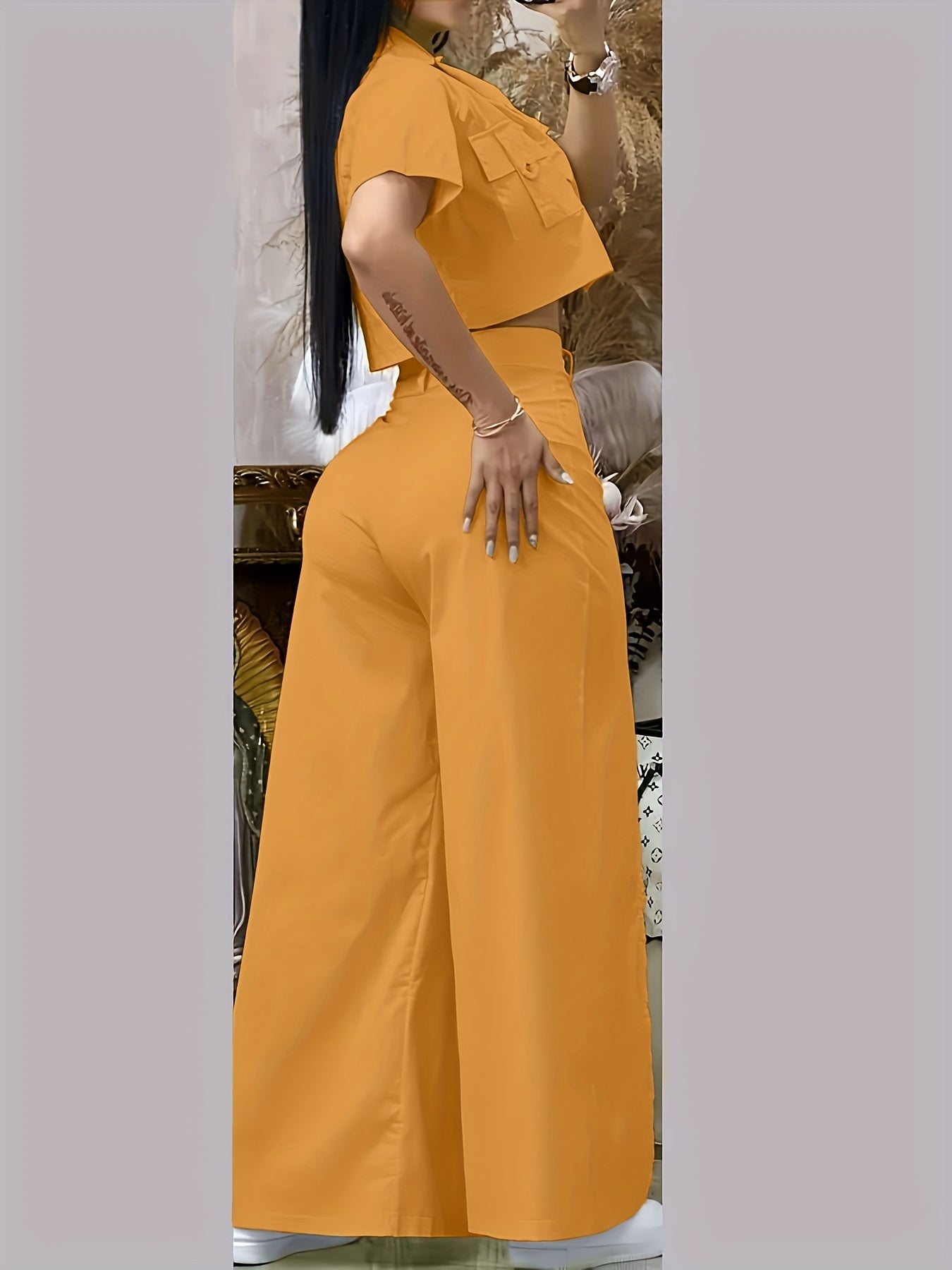 [Vibrant Yellow Set] Two-Piece Vibrant Yellow Women's Casual Set - Short Sleeve Button-Up Shirt & High-Waist Wide-Leg Pants with Thigh-High Slit, Polyester, Machine Washable