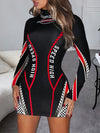 Women's High-Neck Long Sleeve Bodycon Dress - Black with Red & White Letter Print, Stretchy Polyester & Elastane Blend, Form-Fitting Design for Spring/Fall