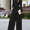 Elegant Two-Piece Long Sleeve Suit - Beige Polyester, Double-Breasted Blazer with Wide Lapels & High-Waisted Flared Pants, Stylish Accessory Bag, Perfect for Fall/Winter, Stylish Workwear | Elegant Two-Tone Suit | Polyester F