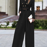 Elegant Two-Piece Long Sleeve Suit - Beige Polyester, Double-Breasted Blazer with Wide Lapels & High-Waisted Flared Pants, Stylish Accessory Bag, Perfect for Fall/Winter, Stylish Workwear | Elegant Two-Tone Suit | Polyester F