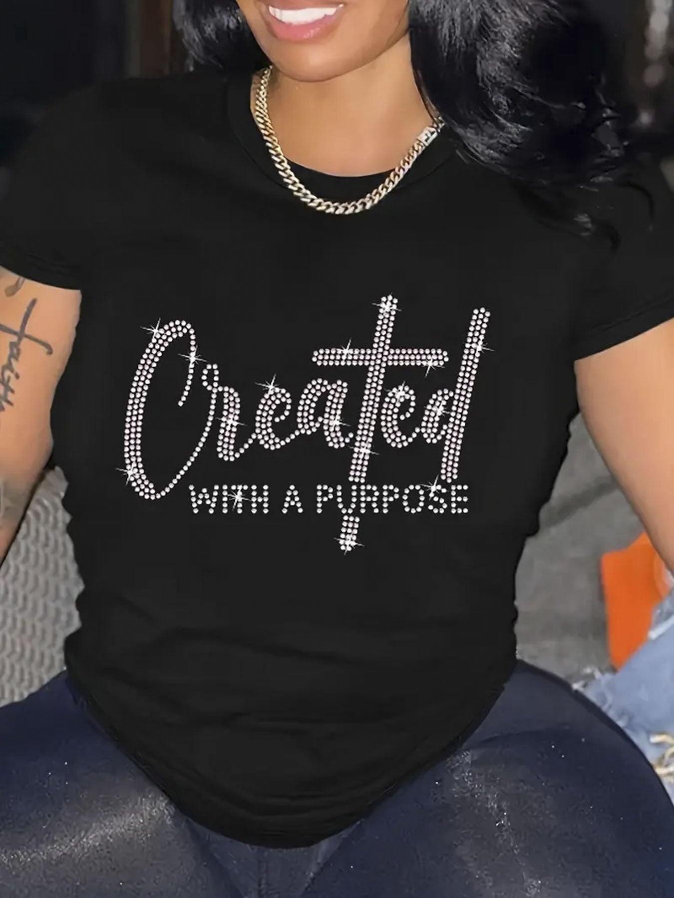 1pc 100% Sparkling Letter Print T-Shirt – "Created with a Purpose" Design, Casual Round Neck Short Sleeve Tee for Women, Perfect for Outdoor Activities & Holiday Gifts
